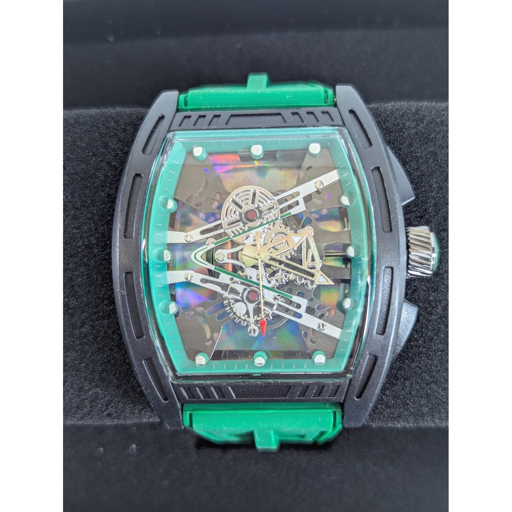 43mm Green Silicone Skeleton Dial Luminous Quartz Watch Black Tonneau Case